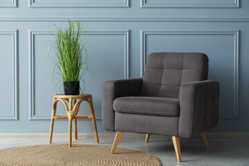 Comfortable armchair and houseplant near light blue wall indoors