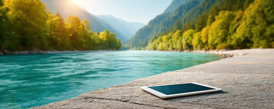 Travel minimal concept ofA modern explorer reviews hiking routes on a rugged tablet connected to a solar USB power bank while resting beside a river. This outdoor tech arrangement includes compact,