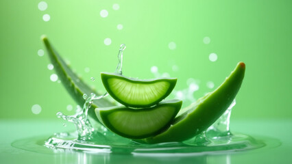 Aloe vera slices with water splash, green background, studio shot