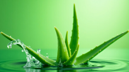 Aloe vera plant with water splash in green water, studio shot