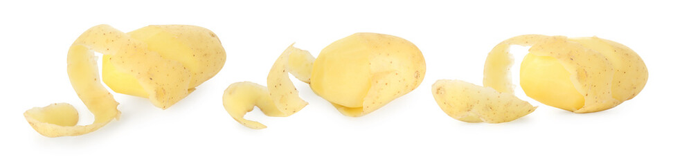Fresh potatoes with peels isolated on white, set
