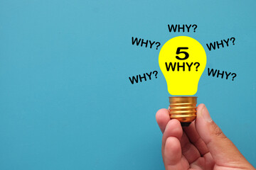The 5 Whys methodology for root cause analysis (RCA).A lightbulb idea representing the solution found through the Kaizen and lean management technique.,A creative problem-solving concept.