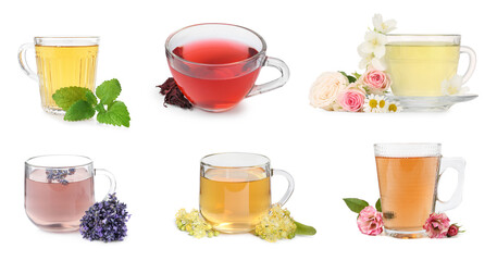 Flower and herbal teas in glass cups isolated on white, set