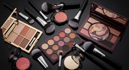 A flat lay showcasing a collection of professional makeup brushes and palettes, ideal for beauty tutorials or cosmetic advertising.