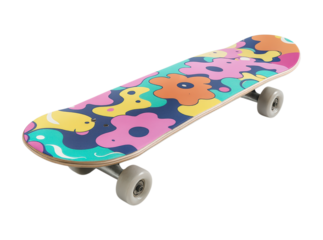 Retro-style skateboard featuring a vibrant, psychedelic pop art floral design on the deck, Isolated on Transparent and White Background