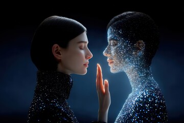 Technology with human minimal concept ofFashion designer uses AI assistant to create real-time garments projected onto avatar, based on emotion and movement, merging creative expression with