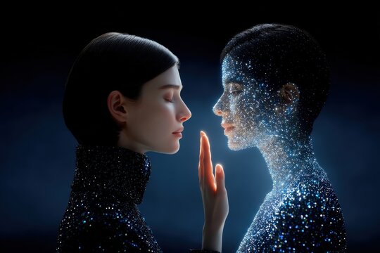 Technology with human minimal concept ofFashion designer uses AI assistant to create real-time garments projected onto avatar, based on emotion and movement, merging creative expression with