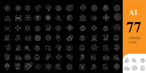 AI icon set | Artificial Intelligence Line Editable Icons set. Vector illustration in modern thin line style of AI technology and possibilities, machine learning, smart robotic with white colour