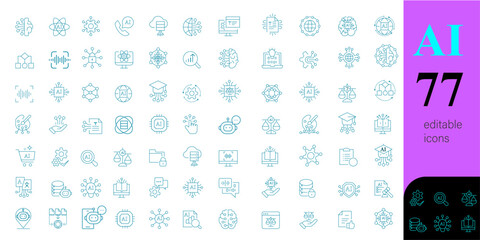AI icon set | Artificial Intelligence Line Editable Icons set. Vector illustration in modern thin line style of AI technology and possibilities, machine learning, smart robotic with cyan colour