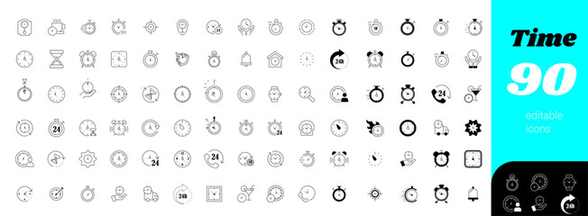 Time icon set - Time Line Editable Icons set. Vector illustration in modern thin line style of clock related icons: timer, stopwatch, alarm, and more - Clock black icon set