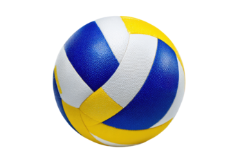 Close-up of a volleyball, blue, yellow, white panels