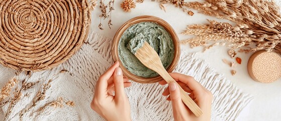Woman's Hands Mixing Natural Green Face Mask in Wooden Bowl