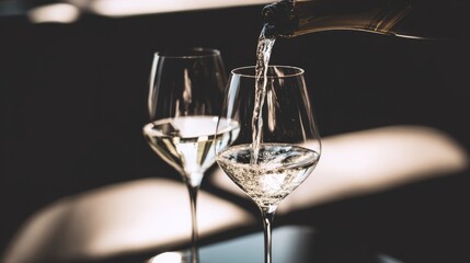 Two crystal glasses filled with golden liquid glow elegantly on a dark marble surface with subtle reflections.
