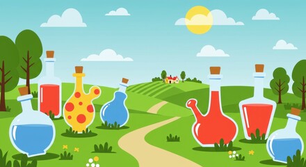 Colorful bottles in a whimsical landscape