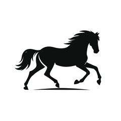 Vector art of a powerful black silhouette of a horse galloping gracefully on a plain white background