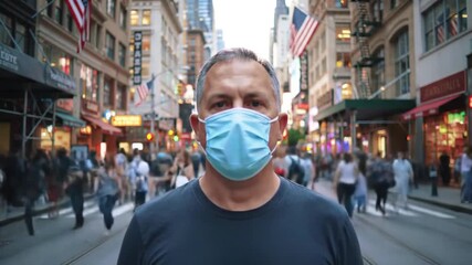 A solitary man wearing a protective face mask stands amidst a bustling, anonymous crowd on an urban street. - Powered by Adobe