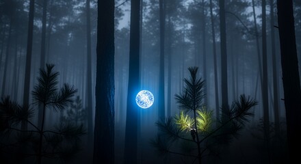 An ethereal glowing orb illuminates a mysterious, fog-shrouded forest at night, casting an enchanting spell on the ancient trees and delicate pine saplings.