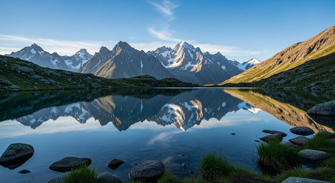 Serene lake with reflections of mountains under blue sky, peaceful natural scenery, no people