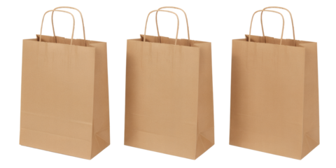 Three simple brown paper shopping bags with handles on a transparent background