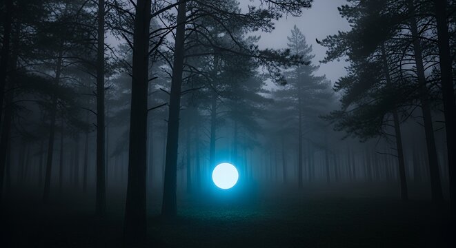 An ethereal blue orb illuminates a misty forest at night, casting an enchanting glow on the tall, dark trees.