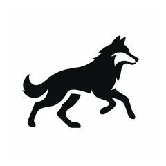 Vector art of a black wolf silhouette in a dynamic running pose, isolated on a white background