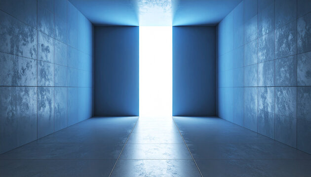 A brightly lit door opens and a neon sign appears against the concrete interior.