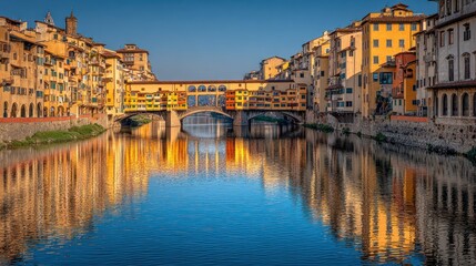 Obraz premium Colorful bridge over calm river, city reflections