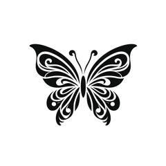 Vector art of an elegant black butterfly with ornate swirling patterns is isolated on a white background