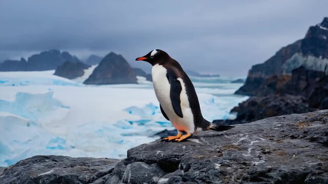 Gentoo penguin standing on a rock in Antarctica