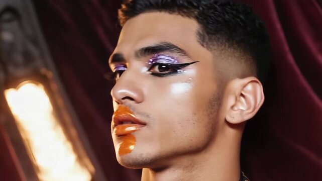 Young man wearing extravagant makeup posing in a theatrical setting