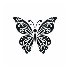 Vector art of an elegant black butterfly with ornate wing patterns, isolated on a white background