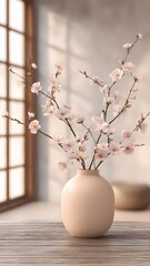 cherry blossom in vase on wooden table