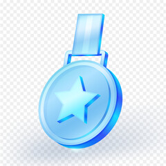 Glossy 3D blue glass medal icon with a star in the center and a glass ribbon on top. Perfect for achievement badges, game rewards, or UI design elements on transparent background. Vector illustration.