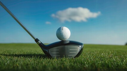A golf ball balanced on the head of a golf club on a green field under a bright blue sky with clouds