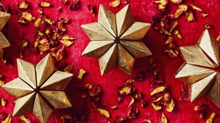 Golden star lanterns glowing against red silk, with scattered chrysanthemum petals for a festive touch.
