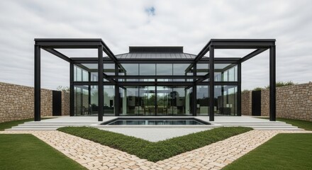 Naklejka premium Modern glass house with a striking black frame, central pool, and stone walls.