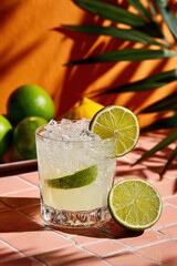Fototapeta premium Glass of iced margarita cocktail with lime slices on pink tile surface, decorated with limes and palm leaves against orange background