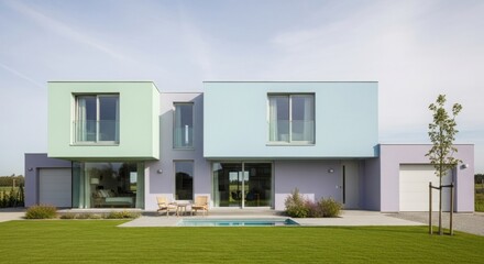 A modern, colorful house with pastel blocks, a small pool, and a green lawn under clear skies.
