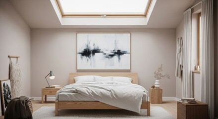 Serene minimalist bedroom with skylight, wooden furniture, soft lighting, and abstract artwork.