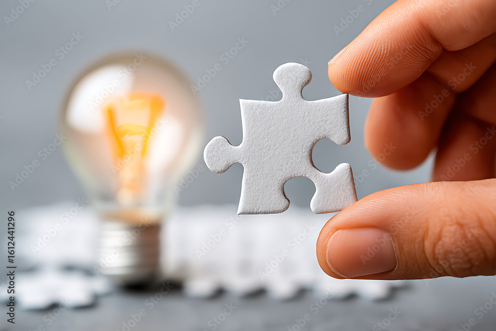 Poster hands holding a puzzle piece near a glowing light bulb symbolizing creativity and problem-solving in