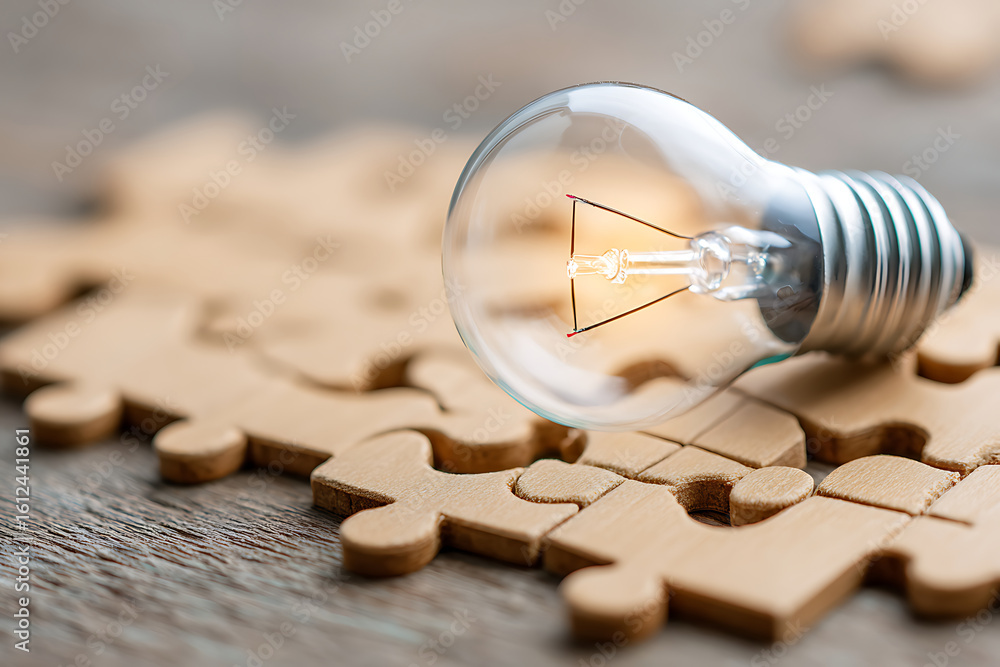 Poster light bulb placed on wooden puzzle pieces representing innovation and problem-solving at a creative 