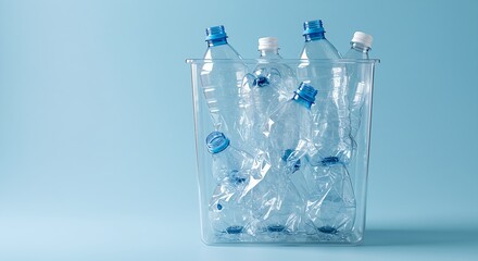 Plastic Bottles in Recycling Bin on Blue Background, Environmental Waste Concept