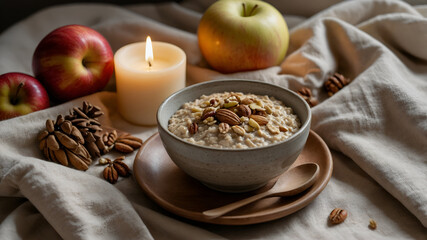 Cozy oatmeal breakfast with apples, nuts, and a candle on a textured linen surface, warm and inviting.