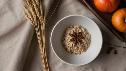 Cozy breakfast bowl with oatmeal and star anise, autumnal arrangement with wheat stalks and pumpkins