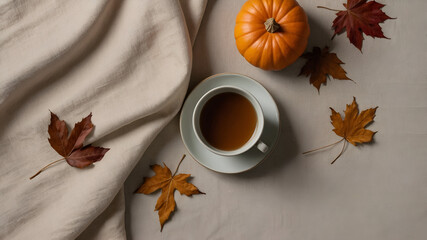 Autumn still life with hot drink, pumpkin, and colorful fall leaves on a neutral surface.