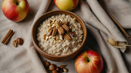 Bowl of oatmeal with nuts and apples on a beige surface, a cozy and healthy breakfast setting.
