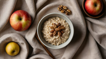 A bowl of oatmeal adorned with pecans, accompanied by apples and walnuts, on a cloth backdrop.