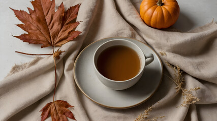 Autumn Still Life with Beverage: A cup of tea, pumpkin, and fall leaf on neutral fabric create a cozy scene.