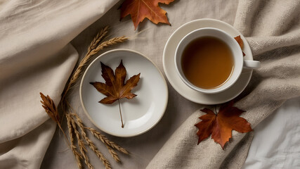 Autumn Tea: A cozy still life featuring a cup of tea, maple leaves, and wheat on a neutral background.