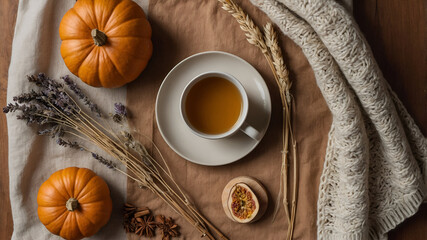 Cozy fall scene with tea, pumpkins, and a soft blanket creating a warm and inviting atmosphere.